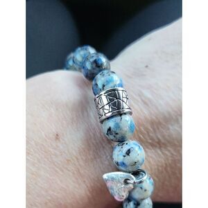 Blue Speckled Beaded Stretch Bracelet with Silver Accent